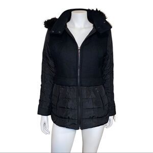 London Fog Faux Fur Trim Hooded Hybrid Knit Puffer Black Coat Size Small NWT
